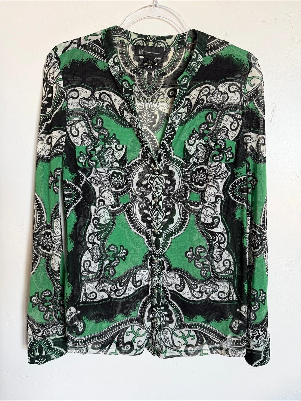 INC International Concepts Paisley Blouse in Green & Black Like New